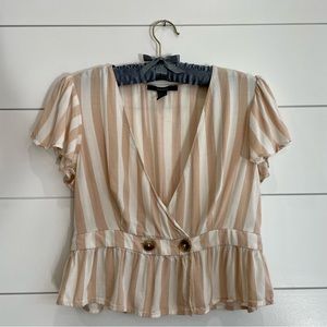 Forever 21 (S) - Cream & Beige Striped Front Button Crop Top